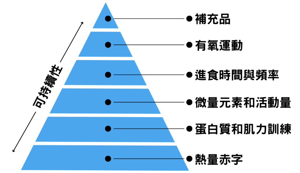 減脂金字塔順序應該是熱量赤字、蛋白質和肌力訓練、微量元素和活動量、進食時間與頻率、有氧運動、補充品