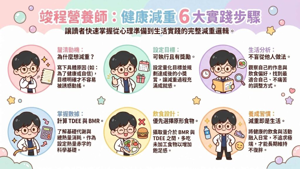 竣程營養師-減重實際步驟
第一步:釐清自己為什麼想減重
諮詢第一步會先請個案,好好的問自己,為什麼想要減重,難道現在這樣不行嗎?想法越具體越好,建議可以拿一張紙或筆記本,將自己想要減重的原因好好寫下來。例如:因為長得太胖所以被笑、因為健康檢查報告出現紅字又或者是因為體重過重而導致行動不便。
為什麼需要這樣子做呢?因為當你有一個具體的目標在,就比較不容易被其他因素來動搖。就好比路過鹹酥雞攤想要走過去的時候,就往下看看自己的肚子,然後問自己:不是說要好要減重了嗎,怎麼還走過去。
第二步:設定可執行的減重目標與獎勵
接下來就是請幫自己設定一個可量化的目標,例如:我要減幾公斤。
當有一個可以量化的目標在,才不會讓自己越做越迷惘。就好比跑馬拉松一樣,雖然路途很長,但是知道終點在哪裡,所以只要往終點的方向前進就好了,相對來說就可以少走很多彎路。
第三步:分析自己的生活型態與飲食習慣
再來就是觀察一下自己的生活型態,是屬於早睡早起、晚睡晚起、喜歡運動、討厭運動等。因為減重必須要融入生活習慣當中,避免衝突太大,不然很容易導致放棄。
舉例來說,你本來屬於一個晚睡晚起的人,但因為很多人都說,早睡早起對於減重效果比較好,所以你就逼自己每天早睡早起,結果因為太早睡,導致一直睡睡醒醒,睡眠品質反而不好。這樣的方式反而會讓你的減重難度提高很多。
所以不需要去盲目聽從別人的想法,因為適合別人的做法不一定適合你。
第四步:計算 TDEE 與 BMR 作為減重基礎
基礎代謝率BMR:
男生:(10×公斤體重)+(6.25×公分身高)-(5×年齡歲數)+5
女生:(10×公斤體重)+(6.25×公分身高)-(5×年齡歲數)–161
依據公式計算出來的數值並不是絕對值,可能會因為很多因素而來產生誤差。所以建議當你算出來自己的TDEE時,可以先開始減重約兩個禮拜左右,再來量一下自己的體重變化。若體重沒有改變的話,建議可以再修正自己計算的TDEE。
特別提醒:不管選擇哪一種飲食方式,攝取的熱量應該介於BMR以及TDEE中。當你攝取的熱量小於BMR,會造成肌肉流失過快、代謝率下降,反而是復胖的第一首選。
第五步:設計適合自己的減重飲食
當你計算好自己的BMR以及TDEE後,應該就會得出一個區間。當你攝取的熱量落於這個區間,長期下來,體重就會下降。
可以選擇:TDEE-500大卡或者BMR+200大卡。
接下來就可以根據你的熱量需求來合理安排自己的飲食內容。原則上只要不超過自己的熱量目標就可以。但還是建議多以原型食物為主,畢竟高度加工的食品,通常會有熱量較高而飽足感較低的特性。過多的人工添加物也會造成身體發炎反應上升,影響減重。
如果對於計算熱量比較不清楚的話,建議可以使用衛福部的食物代換表。食物代換表中將食物分成六大類,且每一大類都會有清楚的份數。
第六步:把減重變成生活習慣
當知道自己每天可以攝取的熱量之後,就可以依照自己的生活習慣,將熱量分配在自己的餐次中。
依我自己來舉例,因為我從以前就習慣吃三餐再加上下午點心,所以我將熱量分成四等分。依公式算出,我如果想要減重的話,攝取2100大卡左右就可以有效減重。所以我就可以根據平常的飲食習慣,安排自己想吃的食物(如上圖)。
最有效的減重方式,就是將減重這件事情融入到生活中,這樣就不用擔心減重方式過於極端而容易放棄,甚至復胖。減重本身就是屬於長期的事情,所以在執行上當然也要人性化。