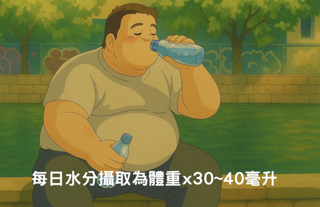 每日水分攝取量為體重x30~40毫升