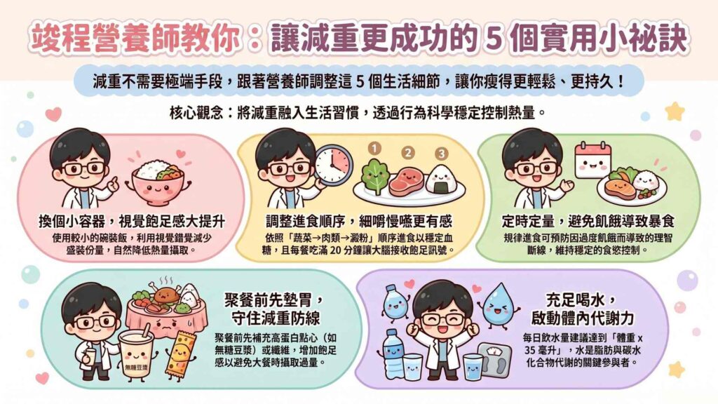 讓減重更容易成功的實用技巧
用餐容器大小對減重的影響
根據調查,當你使用比較大的碗來裝飯,會因為視覺上的效果,所以就會自然而然的裝比較多。建議可將平常裝飯的碗換小一點的尺寸,這樣也會因為視覺上的效果,而裝比較少。
調整進食順序與速度來幫助減重
建議吃飯的順序可調整為蔬菜類->肉類->澱粉類,因為這樣的進食方式可以使餐後的血糖上升相對緩慢而穩定。可以避免胰島素過度分泌,進而降低脂肪的合成。
而當我們進食後,需要約20分鐘左右的時間,大腦才會接收到來自腸道的飽足感訊號。那當我們進食過快,大腦還沒接收到訊號之前,就會攝取過多熱量。所以細嚼慢嚥有助於增加大腦接收到飽足感訊號。
定時定量避免減重期間暴食
養成定時定量的習慣,避免過度飢餓導致理智線斷掉,而瘋狂暴食。應該曾有過這種經驗吧,晚餐準備要跟朋友去吃到飽的餐廳,所以中午就索性不吃,因此到了晚餐時間就會覺得肚子超餓,不管什麼東西都可以吃得下去,變得沒辦法控制食量。
聚餐前先進食對減重的幫助
應避免空腹去參加聚餐,因為飢餓感反而會刺激你在聚餐的時候點更多東西。建議可在聚餐之前補充高蛋白點心或者纖維來增加飽足感,例如無糖豆漿、水果沙拉。這樣可以減緩飢餓感,避免過度進食。
而且餐前補充高蛋白點心或纖維,也可以延緩血糖的上升,避免胰島素的過度分泌。
充足喝水對減重的重要性
身體的代謝基本上都離不開水,包括脂肪的代謝、碳水化合物的代謝,都是需要水來參與。而且攝取足夠的水分,可以幫助胃腸蠕動,避免腹脹、便秘等狀況。
有些人容易將口渴誤以為是飢餓,有時候覺得微餓的時候,可能只是身體缺水而已,所以下次覺得肚子有一點餓的時候,不妨先喝杯水。
水分攝取量為體重x30~40毫升。例如體重60公斤的人,整日水分攝取應該為1800~2400毫升。有減重需求的人建議至少可以達到體重x35的飲水量。