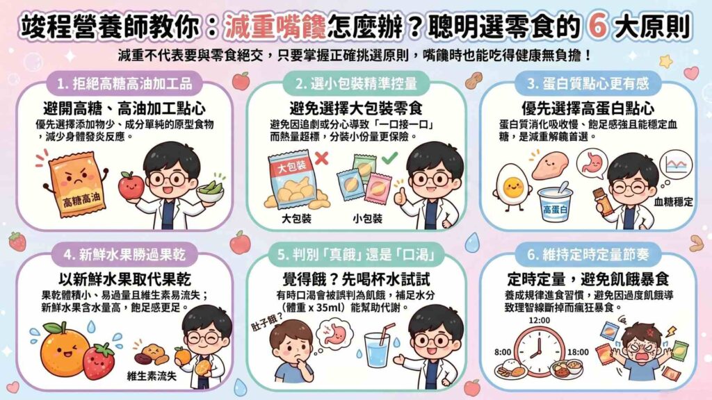 減重期間嘴饞時的零食選擇原則
當我們計算好每日可以攝取的熱量後,想要攝取什麼樣的點心,其實都沒什麼關係。不過還是有幾個原則需要注意一下。
1.避免高糖、高油的加工品:因為過多的糖份會使得脂肪更容易囤積,而且添加物過多也容易使得身體發炎,增加減重的難度。優先選擇添加物少、成分單純的東西。
2.避免選擇大包裝零食:因為大包裝的點心很容易會因為太好吃,而一口接著一口,然後整包在不知不覺的情況下就吃完了,這樣的情況很容易出現在追劇的時候。
3.選擇高蛋白點心:因為蛋白質含量高的食物容易增加飽足感,對於血糖的起伏也比較小,況且蛋白質在消化吸收的時候,所需要消耗的能量大於醣類及脂肪。
4.避免以果乾取代水果:因為新鮮水果的含水量較高,而且體積較大,所以飽足感較為充足,若選擇吃果乾容易不知不覺就吃過量。而且果乾因為製程的關係,容易導致維生素礦物質的流失。