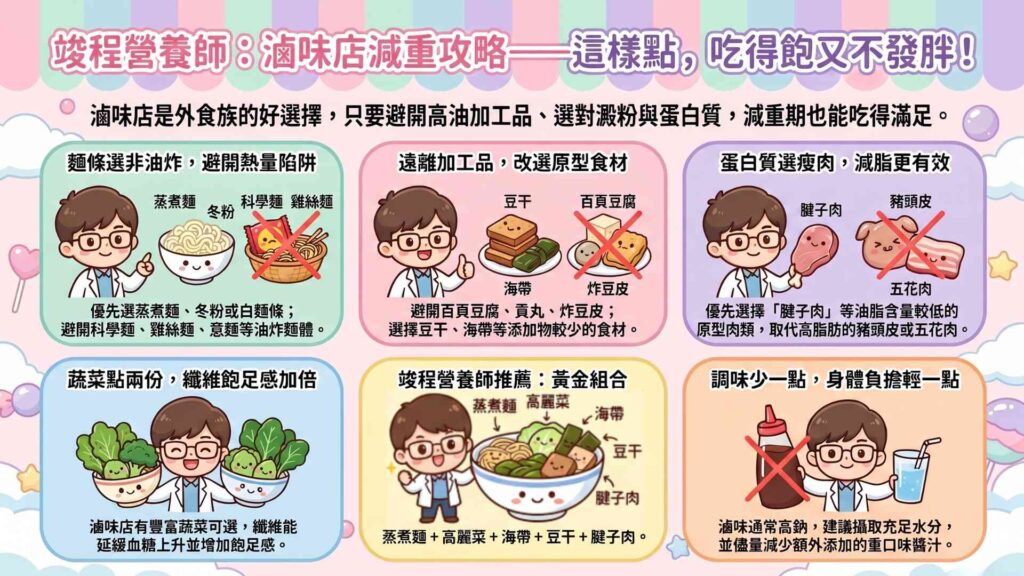 竣程營養師-滷味店的減重點餐技巧
1.避免選擇過多加工品:加工品通常製作過程中會添加許多油脂及添加物,減少選擇百頁豆腐、貢丸、炸豆皮。可多選擇相對原型的食物,如豆干、腱子肉。
2.選擇非油炸麵:常見的油炸麵有科學麵、雞絲麵、鍋燒意麵等。可盡量選蒸煮麵、冬粉。這相對能降低許多不必要的熱量攝取。
3.攝取充足的蔬菜:選擇完肉類及主食,也不要忘了搭配蔬菜,讓飲食均衡。蔬菜富含纖維,可以增加飽足感,是滷味店解膩的好選擇之一。
搭配:蒸煮麵+高麗菜+海帶+豆干+腱子肉