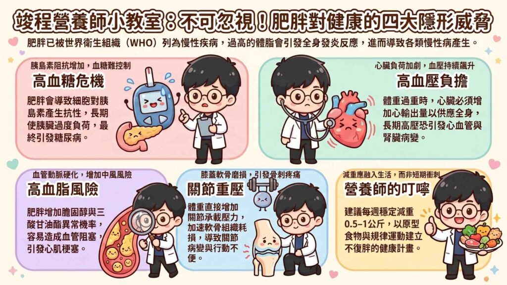 竣程營養師-肥胖對健康的危害有哪些?
肥胖不單單只是影響身形那麼簡單而已,還會伴隨著許多的慢性病。世界衛生組織已經將肥胖列入為一種慢性疾病。
肥胖與高血糖的關聯
當我們體重過重的時候,會造成胰島素阻抗增加,導致血液中的血糖比較不容易進到細胞中,如此一來身體就必須分泌更多的胰島素來降低血糖。長期下來就容易導致胰臟工作負荷太大而提早衰退。
如果我們的飲食一直都沒有進行調整,而讓胰臟處於高度負荷的工作下。當胰臟功能衰退後,胰島素就會分泌不足,就會讓我們身體對於血糖的調控出現問題,進而導致糖尿病的產生。
肥胖與高血壓的關聯
體重過重時,心臟為了要有足夠的血流量運送到全身,來滿足身體的日常活動,自然而然會增加心輸出量、心搏速率,而血壓自然就會上升。
當血壓沒有進行控制,而是一直處於高血壓的狀況,就容易導致相關併發症的產生,如心臟病變、眼睛病變、腎臟病變、血管病變。
肥胖與高血脂的關聯
其實不一定是肥胖的人才會有高血脂的問題,但肥胖會讓發生高血脂的風險增加。而高血脂又可以分成三酸甘油脂高還是膽固醇異常。
而高血脂容易造成動脈粥狀硬化及阻塞,增加心血管疾病產生的風險,如心肌梗塞、腦中風。
肥胖對關節造成的影響
當體重較重時,關節所要承擔的壓力就會更高,進而造成軟骨及組織的磨損,最後產生關節病變或者是骨刺的情況。