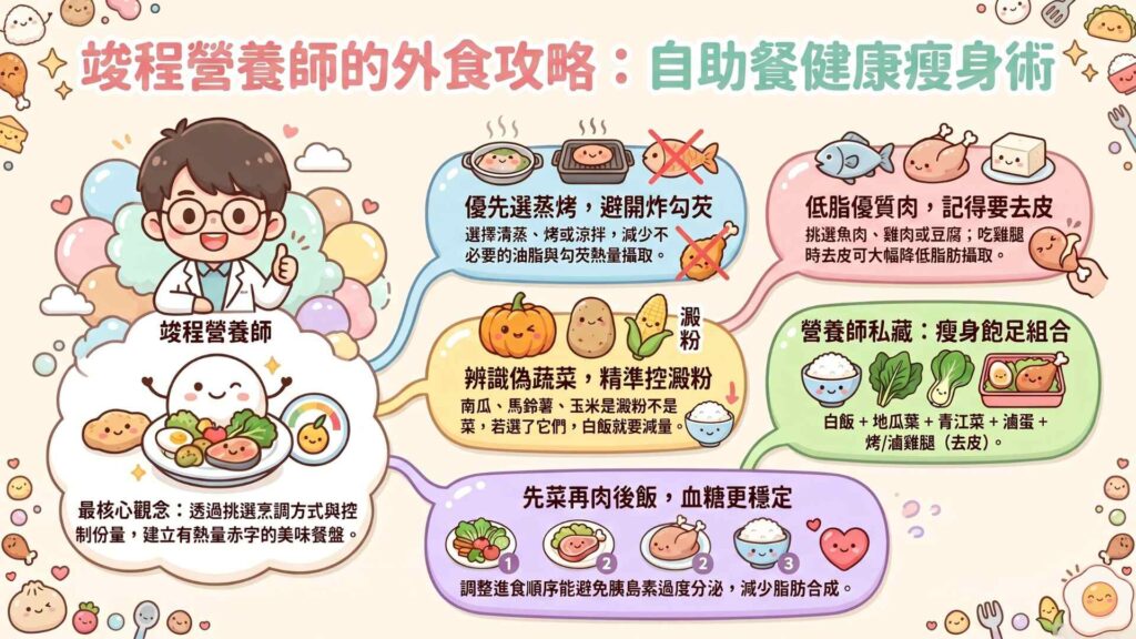 竣程營養師-自助餐外食族如何吃得健康又可以減重
1.選擇健康的烹調方式:優先選擇蒸、烤、涼拌等烹調方式,而避免選擇油炸、油煎、勾芡等烹調方式。至於滷的方式通常會伴隨高鈉,記得需要攝取充足水分。
2.選擇較低脂的蛋白質來源:魚肉、雞肉、豆腐、蒸蛋都是屬於較低脂的蛋白質來源,而通常雞蛋料理的烹調用油都會比較高,所以建議選擇蒸蛋、滷蛋。至於雞肉會建議去皮,畢竟雞皮屬於高油脂的部分。
3.控制澱粉量攝取:自助餐很容易出現假蔬菜真澱粉的配菜,例如南瓜、馬鈴薯、皇帝豆、蓮藕、三色豆、玉米等,不是說以上的食物不能吃,而是因為上述的食物屬於澱粉,因此如果有選擇記得飯量要減少。
搭配:白飯+地瓜葉+青江菜+滷蛋+烤雞腿或滷雞腿