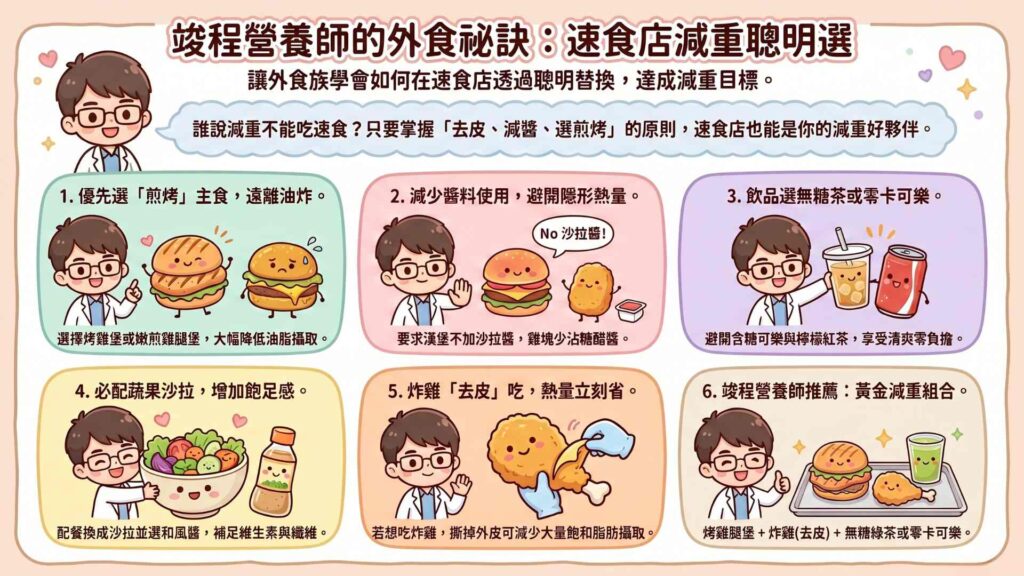 竣程營養師-速食店外食族的減重選擇建議
1.選擇煎烤類主食,避免油炸類:可挑選烤雞堡、嫩煎雞腿堡等相對油脂含量較低的餐點。而避免選擇麥香魚、薯餅、薯條等。
2.減少醬料使用:通常吃雞塊會搭配糖醋醬、吃薯條會搭配番茄醬、吃漢堡裡面有沙拉醬,這些醬料都會增加而外的油脂及糖的攝取,導致熱量上升。
3.選擇熱量低的飲料:可選擇無糖茶類、黑咖啡、鮮奶等,而避免選擇檸檬紅茶或者是含糖可樂等富含精緻糖的製品。
4.搭配蔬果:配餐也可以沙拉,可以額外降低很多熱量還能順便補充纖維,但要記得醬料應挑選和風醬,避免千島醬、凱薩醬等高油脂醬料。
組合:烤雞腿堡+炸雞(去皮)+無糖綠茶或零卡可樂