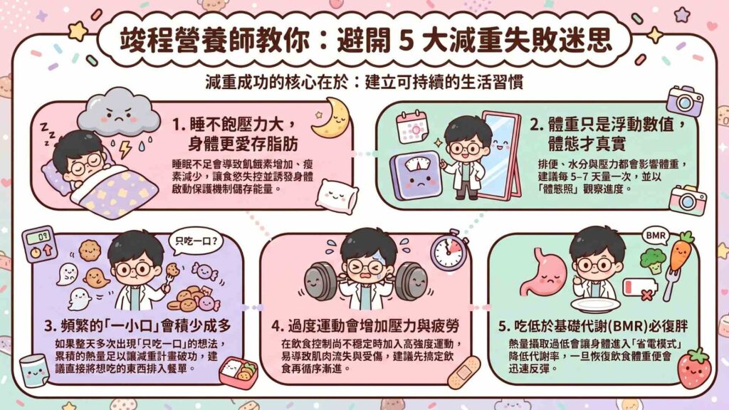 常見減重失敗原因與錯誤迷思
忽略睡眠與壓力對減重的影響
想要成功的減重,不能只是關注飲食而已。雖然每天攝取的總熱量對於減重來說相當重要,但睡眠品質、壓力調控也是需要考量的因素之一。
睡眠以及壓力會直接影響到荷爾蒙的平衡。當荷爾蒙失衡的時候,其實身體會啟動保護機制,傾向於儲存能量,畢竟生物體想要活著就會需要能量,所以就會導致身體更容易儲存脂肪。
過度關心體重反而影響減重
影響體重的因素其實蠻多的,排便狀況、水分攝取、鹽分攝取、壓力與情緒、肌肉量、體脂肪等等因素。所以並不會建議正在減重的人每天去量體重。
因為體重是屬於一個浮動的數值,並不會一直線的往下降,而是會起起伏伏。那如果本身又是自我要求比較高的人,很容易會因為看到體重些微往上升,就開始焦慮。這樣的壓力反而是不利於減重。
建議可以關注體態的改變,每兩到三個禮拜就拍一次體態照,這樣比較能確定自己的減重計畫是不是有成效。另外量體重建議五到七天測量一次,因為短期影響體重的因素太多,必須看長期的體重是否有下降。
「只吃一口」為何會影響減重
是否曾有這樣想過,我只是吃一口而已應該沒什麼關係吧,只吃一口的熱量也不會高到哪裡去吧。
如果常常出現這種想法,那或許這就是造成減重不易成功的原因之一。只吃一口的確不會造成太多的熱量攝取,但如果整天下來,只吃一口發生了好幾次,那是不是就在不知不覺的情況下,吃下過多的熱量。
建議如果想吃某樣東西,那就直接把那份食物安排進去自己每天攝取的菜單之中。這樣既可以吃得爽快也不會擔心會吃太多而造成熱量超標。
過度運動反而讓減重失敗
平常如果沒有運動的習慣,建議不要在減重的初期就開始瘋狂運動。先把飲食控制融入到生活中再來去做其他事情,一次完成一件事情就好,畢竟人的意志力有限。
當我們對於飲食控制還不熟悉,就突然加入運動,那是不是同時做了兩件自己不熟悉的事情,這樣會把自己搞得焦頭爛額,反而容易放棄。
而且瘋狂運動會造成身體壓力上升及疲勞累積,容易導致受傷。那如果還沒有搭配足夠的營養,反而容易造成肌肉流失,代謝率下降。
所以建議先搞定飲食控制再來漸進式的把運動也融入到生活中。
極低熱量飲食與代餐的減重風險
減重想要成功,就必須要將減重這件事情融入到生活中。試想一下,你如果是靠吃很少而讓體重下降,那為了維持體重,你有辦法一輩子都吃那麼少嗎?你如果進食量恢復成原本的食量,那是不是很容易就復胖了。
況且當你熱量攝取過低的時候,身體會因為能量來源減少,而進入保護機制(類似手機進入省電模式而降低效能)來降低代謝率,那本來應該可以消耗掉的熱量就變成消耗不掉,反而更容易復胖。而且精神上也會感覺到相當疲勞。