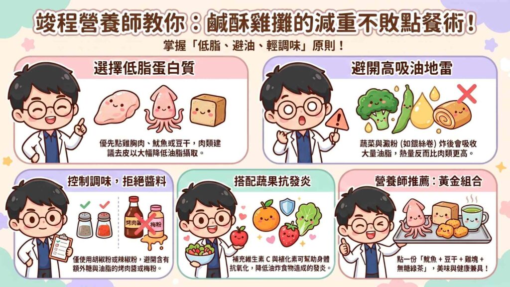 竣程營養師-鹹酥雞攤的減重點餐原則
1.選擇低脂蛋白質:可多選擇雞胸肉、魷魚、豆干等油脂相對較低的食材。如果有選擇其他肉類,建議可以去皮。
2.避免高吸油食材:很多人在減重時間吃鹹酥雞會有罪惡感,就想要多點一些蔬菜,但蔬菜因為含水量較高,所以也較容易在油炸的時候吸收更多油脂。而澱粉類食材(如銀絲卷)也很容易吸油,進而吃下更多熱量。
3.控制調味:調味料選擇盡量胡椒粉、辣椒粉等簡單調味。避免烤肉醬、梅粉等還有而外添加糖或是油脂的調味料。
4.搭配蔬果:新鮮蔬果含有很多維生素C及植化素,可以幫助體內抗氧化,降低發炎反應。因為長時間油炸的油,很容易導致油脂變性,增加身體的負擔。
搭配:魷魚+豆干+雞塊+無糖綠茶