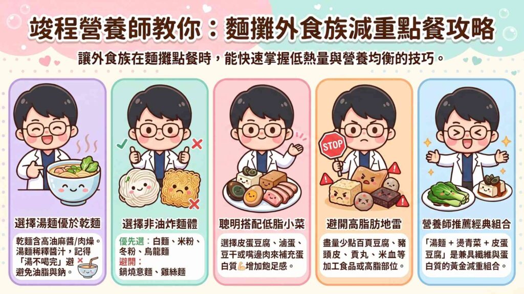 竣程營養師-麵攤外食族的減重點餐原則
1.選擇湯麵>乾麵:因為乾麵沒有湯來稀釋麻醬或肉燥等醬汁,因此會連帶一起吃下肚。那如果選擇湯麵,記得湯不要喝完,避免將過多油脂喝下肚。
2.麵體選擇非油炸麵:常見的非油炸麵體為白麵條、米粉、冬粉、烏龍麵。而油炸麵體為鍋燒意麵、雞絲麵、科學麵。
3.搭配小菜:小菜可選擇皮蛋豆腐、燙青菜、滷蛋、豆干、海帶、嘴邊肉。不建議選擇米血、豬腸、黑輪、豬頭皮、百頁豆腐、貢丸等較為高脂肪的食物或澱粉類。
搭配:湯麵+燙青菜+皮蛋豆腐