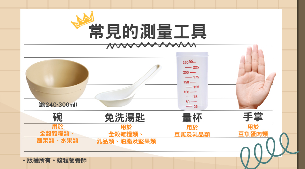 常使用的工具有碗(約240-300ml)、免洗湯匙、量杯、手掌