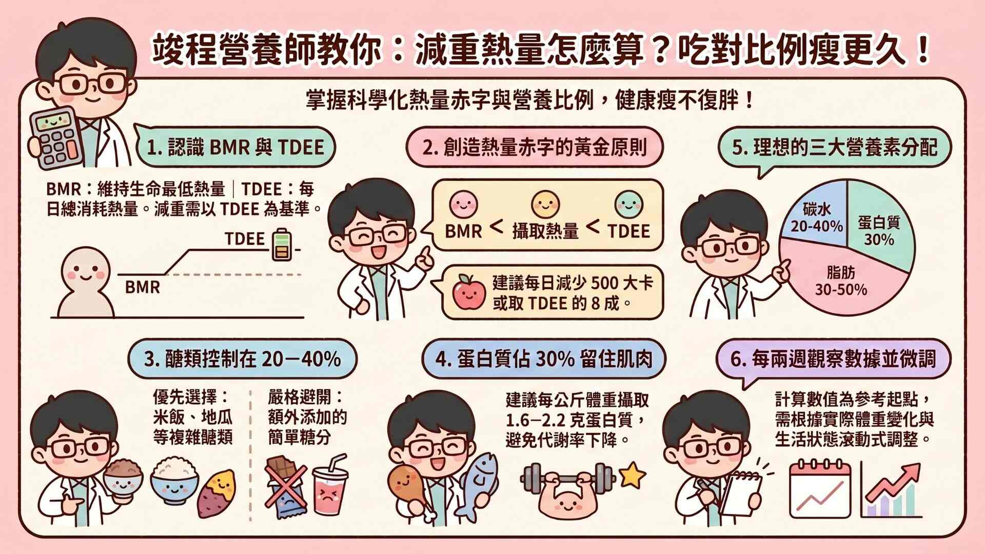 減重要吃多少熱量?用減重與熱量計算機設定每日攝取量
設定減重的熱量目標(數值)有一個大原則,必須處於『BMR<熱量目標<TDEE』。
那為什麼會這樣說呢?我在諮詢的時候很常遇到一種情況是,使用極低熱量作為減重的方式。
但因為BMR是維持身體最基本功能的熱量,所以當你熱量攝取小於BMR,身體會認為你目前遇到飢荒,處於糧食不足(沒辦法攝取足夠熱量)的情況,就會降低身體機能,減少熱量的消耗。這樣會使導致本來可以消耗掉的熱量大打折扣。
什麼是熱量赤字?減重一定要懂的熱量計算原則
當我們攝取的熱量小於TDEE就會出現一個熱量比較不充足(負平衡)的情況,而這種情況就是所謂的熱量赤字。
創造熱量赤字的方式可以參考以下:
方式一 TDEE-500大卡
方式二 TDEEx0.8
方式三 BMR+200大卡
那我們要採取哪一種飲食方式來創造熱量赤字呢?我諮詢的時候通常比較建議『減醣飲食』。因為比起其他方式,減醣相對來說更符合我們日常的飲食方式(但還是需根據自身情況來調整)。
以下就根據減醣飲食來分配三大營養素的比例。
減重期間醣類要吃多少?熱量與比例怎麼分配
醣類為碳水化合物中的其中一個。又可以分為『複雜的醣類』以及『簡單的糖類』。主要原則為降低『醣類』的攝取以及避免『糖類』的使用。
複雜的醣類⮕米飯、麵條、麵包、地瓜、南瓜等我們常聽到的主食類(全穀雜糧類)。
簡單的糖類⮕為了增加風味、延長保存期限而額外添加進去的糖類,通常吃起來會有甜甜的味道,例如果糖、蔗糖等。
建議三大營養素的比例大約控制
碳水化合物(醣類)20~40%
蛋白質30%
脂肪30~50%
例如我減重期間的熱量攝取目標為2000大卡,醣類攝取量為40%。則每日攝取量為(2000x40%)/4=200克。
因為醣類1公克為4大卡,所以2000大卡乘上40%還需要在除上4,這樣才會是每日攝取的克數。
減重蛋白質要吃多少?避免掉肌肉的熱量配置關鍵
根據衛福部建議,正常成年人建議蛋白質攝取量為每公斤體重x1.1克,而65歲以上的長者建議蛋白質攝取量為每公斤體重1.2克。通常會佔總熱量的16~20%
那減重期間會將蛋白質的比例提高至30%,蛋白質攝取量大約為每公斤體重1.6~2.2克。主要原因是,因為提高蛋白質攝取有助於增加飽足感以及減少肌肉的耗損。
每日攝取量為(2000x30%)/4=150克。(蛋白質1公克為4大卡、脂肪1公克為9大卡)
而BMI≥27或體重大於100公斤者,建議使用去脂體重(LBM)來計算。
LBM=體重x(1-體脂率)。
舉例來說,體重100公斤而體脂率為35%,蛋白質攝取量為每公斤體重2.2克。
則蛋白質攝取量100x(1-35%)x2.2=143克