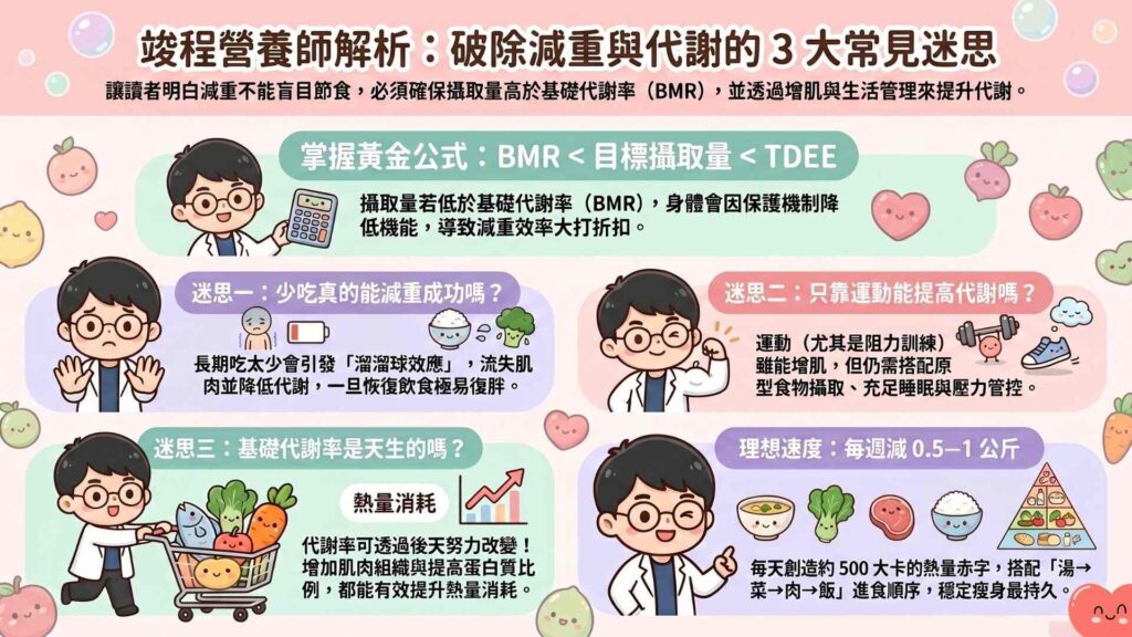 減重與代謝常見迷思整理
少吃真的能減重成功嗎?
在門診諮詢的時候,遇過蠻多個案跟我說,減重就是要達到熱量赤字,所以我只要少吃就可以讓熱量赤字變大,更快速的達到減重目標。但是真的是這樣嗎?
上述文章有提說,當我們攝取熱量小於BMR的時候,身體就會誤以為我們遇到飢荒而進入省電模式,進而降低我們的基礎代謝率。這樣反而會造成減重不易甚至復胖。
只靠運動能提高基礎代謝率嗎?
在生活中加入阻力訓練來提高肌肉量,的確可以使得基礎代謝率上升。
但是我們也不能只靠運動,畢竟不單只有運動會影響到我們的代謝率。
所以除了運動以外,建議還是搭配良好的生活作息、飲食管理、情緒與壓力管理。
基礎代謝率是天生的嗎?營養師解析可否改變
代謝率會根據年齡、性別、體組成(肌肉組織、脂肪組織)、荷爾蒙(生長激素、皮質醇等)、生理狀態(懷孕、發燒等)等蠻多因素而有所不一樣。
因此代謝率是可以根據後天的努力而改變的。例如提升肌肉量、避免過高的壓力導致皮質醇分泌旺盛。