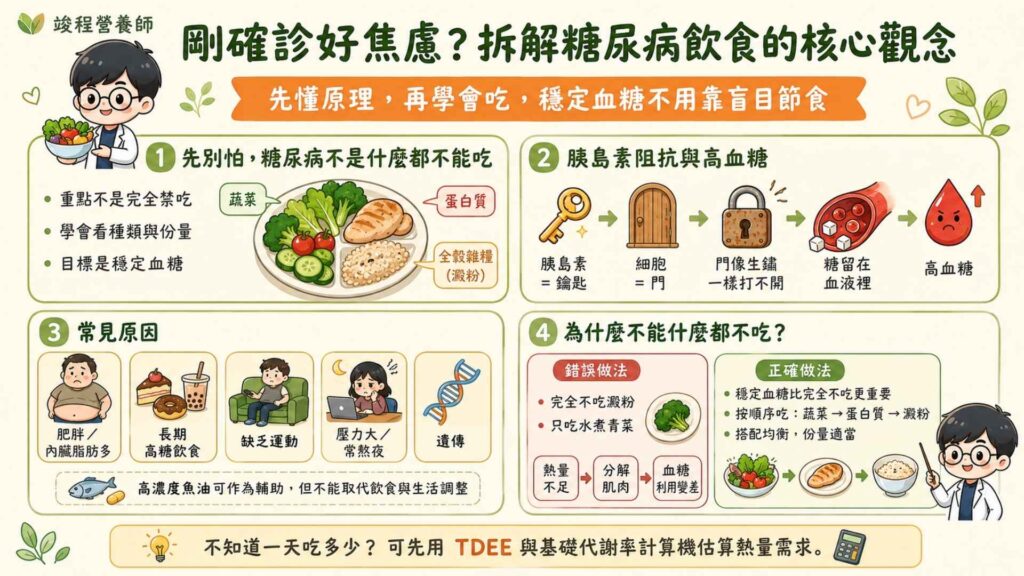 胰島素阻抗與高血糖的關聯

你可以把胰島素（一種幫助細胞吸收血糖的荷爾蒙）想像成一把鑰匙，它的工作是幫細胞開門，讓血液裡的糖分可以順利進入細胞來當做能量。

但如果細胞的大門就會像生鏽一樣，鑰匙怎麼轉都打不開。血液裡的糖分進不去細胞裡，只好一直留在血管裡，而造成高血糖，這就是我們很常聽到的『胰島素阻抗』。

造成胰島素阻抗的原因可以歸類成以下幾點：

肥胖：腹部脂肪（特別是內臟脂肪）會持續釋放游離脂肪酸與促發炎物質來干擾胰島素傳遞訊號，使細胞對胰島素的敏感度降低。

長期高糖飲食：經常攝取高糖食物（如含糖飲料），迫使胰臟大量分泌胰島素，長期下來導致β-細胞（分泌胰島素的細胞）提早衰弱。

缺乏運動：長期缺乏運動使得肌肉量降低，讓肌肉組織對於葡萄糖（血糖）的需求減少。

壓力管理：長期處於高壓或熬夜狀態，會促使壓力荷爾蒙（皮質醇）大量分泌，導致身體的發炎反應增加，而阻礙胰島素的利用效率。

遺傳：家族有糖尿病史的人，可能天生細胞對胰島素的敏感度就較低。

補充『高濃度魚油』也有助於降低身體的發炎反應。

為什麼穩定血糖比「什麼都不吃」更重要？

我在門診常常遇到有人害怕血糖飆高，所以乾脆不吃澱粉，整天只吃水煮青菜。那這樣身體反而會因為熱量不夠而啟動防禦機制。

不吃澱粉雖然可以在短時間內降低血糖，但因為熱量不足，導致身體開始分解寶貴的肌肉，結果反而讓身體對於血糖的利用率降低（如上述所寫），這樣反而更難控制血糖。

真正該做的不是不吃澱粉，而是調整進食順序，每一餐建議按照『蔬菜 ➔ 蛋白質 ➔ 澱粉』的順序，這樣血糖上升的速度就會變得比較平緩。

如果不確定自己一天到底該吃多少熱量才安全，建議可以先使用網站內的『TDEE與基礎代謝率計算機』算一下自己需要的熱量。
