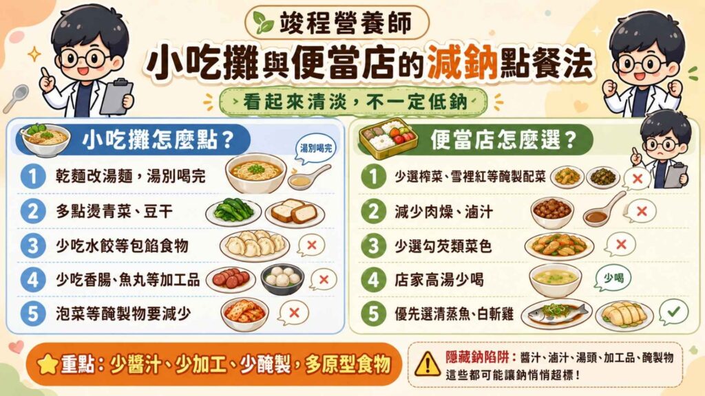 高血壓小吃攤怎麼吃會比較好呢?
把乾麵調整成湯麵,並且湯不要喝完。
多點一份燙青菜與豆干。
減少包餡的食物(水餃)以及加工品(香腸、魚丸等)。
減少醃製物(泡菜)。
高血壓便當店怎麼吃會比較好呢?
避免選擇醃製類配菜(如榨菜、雪裡紅)。
減少滷汁的使用(如肉燥、滷肉)。
減少勾芡類食物,勾芡會使得鹽分與油脂一起吃下肚。
減少喝店家提供的高湯
選擇清蒸魚、白斬雞等醬料比較少的品項。