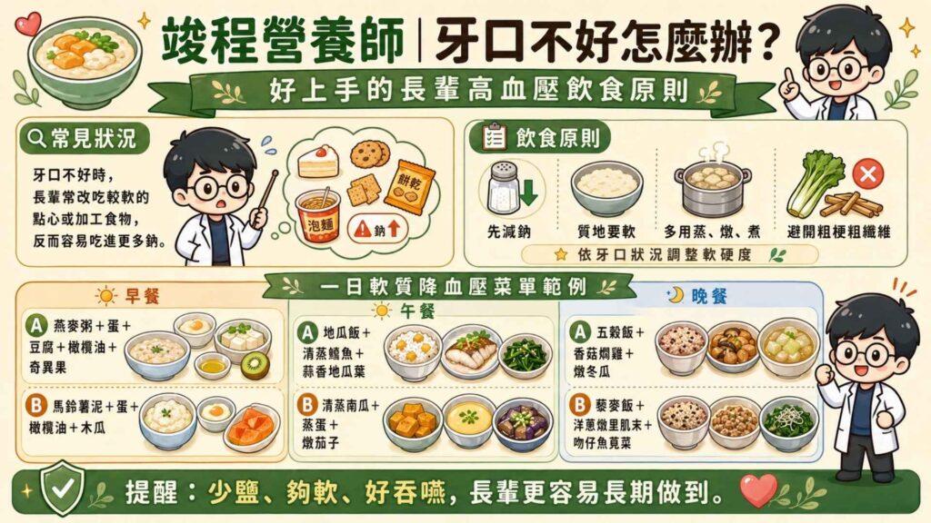 幫家裡長輩備餐時,常被抱怨蔬菜太硬咬不動,然後長輩就去找一些相對比較軟的點心,反而導致家中長輩吃進更多的鈉。
長輩高血壓飲食原則,除了減鈉,質地也要顧。需要根據牙口狀況來製備合適的餐點。烹調方式可多使用蒸、燉、煮方式,而蔬菜挑選應避免粗梗、粗纖維。
一日軟質降血壓菜單範例
早餐: 燕麥粥(傳統大燕麥片+雞蛋+豆腐+橄欖油)+奇異果
早餐:馬鈴薯泥(馬鈴薯+雞蛋+橄欖油)+木瓜
午餐:地瓜飯(澱粉)+清蒸鱈魚(蛋白質)+蒜香炒地瓜葉(蔬菜)
午餐:清蒸南瓜(澱粉)+蒸蛋(蛋白質)+燉茄子(蔬菜)
晚餐:五穀飯(澱粉)+香菇悶雞(蛋白質)+燉煮冬瓜(蔬菜)
晚餐:藜麥飯(澱粉)+洋蔥燉里肌末(蛋白質)+吻仔魚莧菜(蔬菜)