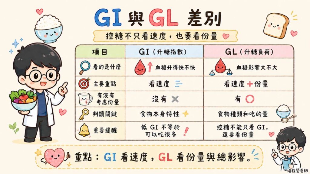 GI 看「升糖速度」，GL 看「實際吃下去後對血糖的總影響」。
這邊要特別提醒一個常見錯誤『 低GI 不等於可以吃到飽！』就算你把白飯換成燕麥或地瓜，但如果一餐吃下三碗糙米飯，那總『醣』量超標，血糖一樣會升很高。