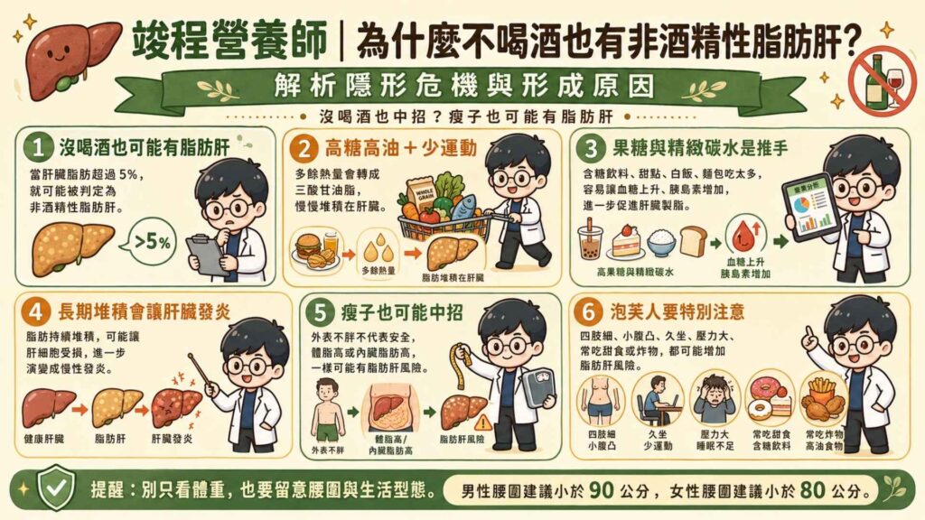 為什麼不喝酒也有非酒精性脂肪肝？解析隱形危機與形成原因
很多人以為只有愛喝酒的人才會有脂肪肝，但其實脂肪肝可以分成『酒精性脂肪肝』以及『非酒精性脂肪肝』。簡單來說，當肝臟脂肪超過肝臟總重量的 5%，在醫學臨床上就會被判定為脂肪肝。

而現代人高糖高油的飲食習慣，再加上工作忙碌，缺乏運動。身體自然就會把多餘的熱量轉化為三酸甘油酯來儲存。

沒喝酒也中招？非酒精性脂肪肝的生理機轉

我在門診諮詢的時候，很常聽到一句話：「營養師，我明明吃得很清淡，為什麼會有脂肪肝？」

其實，肝臟是我們體內最大的代謝工廠。當我們攝取太多的白飯、麵條、麵包等醣類，或者是隨手一杯含糖飲料。這時候體內的胰島素（一種調控血糖的荷爾蒙）因為血糖快速上升，而大量分泌。

而胰島素會把這些多餘的糖分往肝臟送，且轉化成脂肪來儲存。而當時間久了，肝細胞就會開始面臨慢性發炎、堆積油脂的困境。

瘦子也會有脂肪肝嗎？解析泡芙人隱形危機

這個問題我在門診被問到數不出來了：「營養師，誰誰誰瘦瘦的，為什麼也會有脂肪肝啊？」

其實外表看起來瘦、體重正常、BMI在標準範圍內，並不代表不會有脂肪肝。我在臨床上常看到四肢纖細、只有小腹微凸的上班族，體脂肪率超標，內臟脂肪也超標。

遇到很多人常卡在這個誤區，以為只有肥胖、體重超標的人才會得脂肪肝。瘦子之所以會面臨這個隱形危機，往往跟基因遺傳、生活習慣、壓力控管、荷爾蒙失衡有關，特別是平常放鬆時喜歡吃點甜點、炸物紓壓的人更需要注意。

所以我很建議每個人養成定期測量腰圍的習慣（男性維持在 90 公分以下，女性維持在 80 公分以下），不要只盯著體重計上的數字。