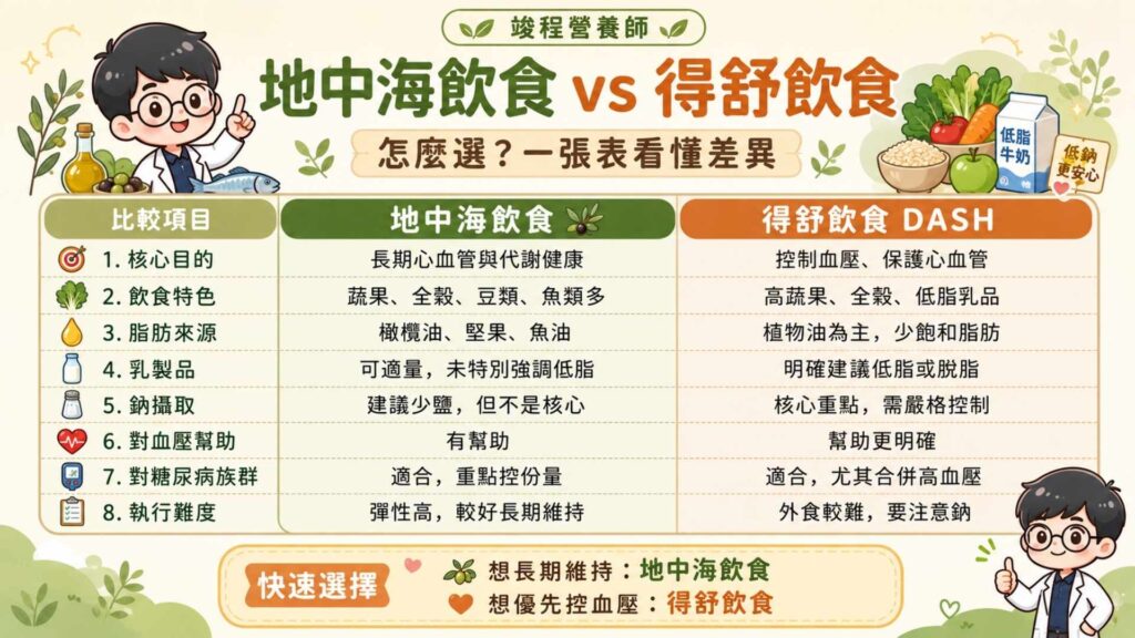 得舒飲食的核心觀念就是透過「高鉀、高鈣、高鎂、高膳食纖維」與「低飽和脂肪」的天然原型食物,促進體內鈉離子排出並擴張血管。
至於地中海飲食的核心觀念就是「多吃原型食物與好油,少吃紅肉與加工食品」,減少身體發炎反應保護心血管。