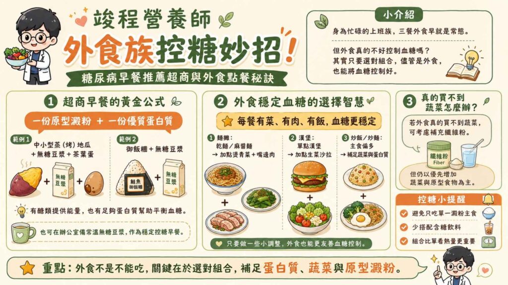 外食族控糖妙招！糖尿病早餐推薦超商與外食點餐秘訣
超商早餐的黃金公式

超商早餐的黃金公式：一份原型澱粉 ＋ 一份優質蛋白質。

一條中小型蒸（烤）地瓜，配上一瓶無糖豆漿和一顆茶葉蛋

一個御飯糰配上一瓶無糖豆漿。

有醣類可以提供身體能量，也有足夠的蛋白質來平衡血糖。如果平常習慣喝豆漿，也可以考慮直接箱購可常溫儲藏的無糖豆漿，放在辦公室當作穩定控糖的早餐

外食穩定血糖的選擇智慧

我常跟來諮詢的人說，想要穩定血糖，就要做到每餐有菜、有肉、有飯，這樣血糖才會控制的好。

前陣子來了一位血糖一直控制不好的業務，因為常在外面跑，所以午、晚餐都是以方便快速的基準來選擇。為了趕時間，去麵攤吃飯通常只點乾麵、麻醬麵。不然就是選擇炒飯、炒麵、漢堡等。

後來我幫他進行了一些餐點的調整，建議去麵攤的時候可以再多加點燙青菜以及嘴邊肉。而吃漢堡的時候可以加點生菜沙拉或補充纖維粉。光是做這樣子的微調，他後續追蹤抽血的時候，數據就漂亮非常多。

如果外食真的買不到蔬菜的話，我會建議可以在餐前泡一杯『纖維粉』，這樣能發揮類似蔬菜的穩定血糖作用。