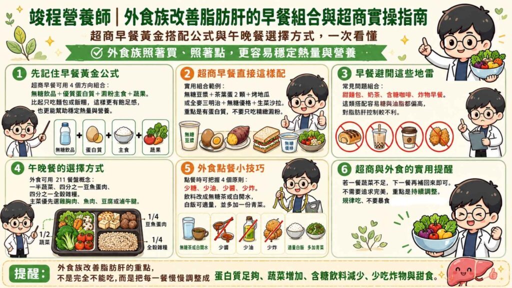 外食族改善脂肪肝的早餐組合與超商實操指南
我們現在生活忙碌,很難每一餐都在家自己煮。不過,只要掌握聰明的挑選技巧,即便是便利商店或是傳統小吃攤,一樣能聰明搭配。
超商早餐黃金搭配公式
蛋白質擔當: 一瓶無糖豆漿,搭配一顆茶葉蛋或溫泉蛋。
優質主食: 選擇一條小型的蒸地瓜或是烤地瓜。
優質油脂:搭配一小包的堅果
這樣的組合含有豐富的非精緻的醣類、優質蛋白質與油脂,能提供持久的飽足感,同時也能血糖不要忽高忽低。
午晚餐的選擇方式
到了中午或晚上,如果必須吃外食,小吃攤其實是個不錯的選擇。
你可以點一碗湯麵,但記得交代店家「肉燥少放」,配菜選擇黑白切的滷牛腱、豆干或是嘴邊肉,再加一盤燙青菜(把肉燥更換成醬油膏)。
外食建議可以多尋找能提供蔬菜與優質蛋白質的店家,然後主動請老闆將醬汁減半或分開裝。這樣既有飽足感,又能把熱量與飽和脂肪控制在安全範圍內。