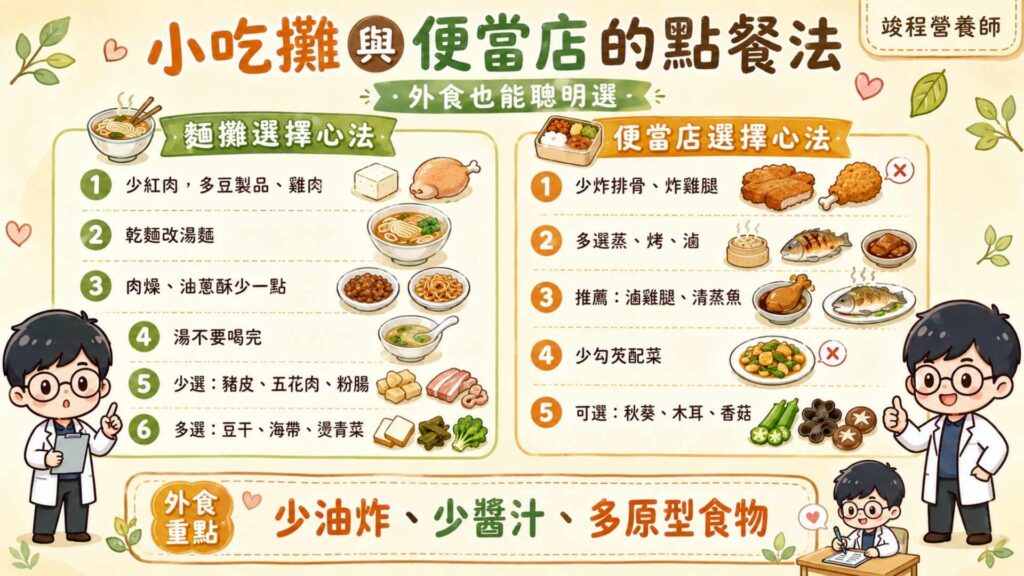 小吃攤與便當店的點餐法
麵攤選擇心法:避免選擇過多紅肉(如豬肉、牛肉),多挑選豆製品、雞肉,且避免過多醬汁。舉例來說:乾麵調整成湯麵,請老闆減少肉燥與油蔥酥,而且湯不要喝完。至於配菜避免豬皮、五花肉、粉腸等,多選擇豆干、海帶、燙青菜。
便當店選擇心法:避免選擇油炸食物(炸排骨、炸雞腿),多選擇蒸、烤、滷的食材(滷雞腿、清蒸魚)。避免選擇勾芡類配菜(麻婆豆腐),多選擇水溶性纖維豐富的蔬菜(秋葵、木耳、香菇)。