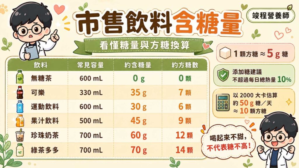 除了酒精之外,精緻糖的控制也一樣重要!衛福部建議,每日精緻糖的攝取量應小於總熱量的 10%。以每天攝取 2000 大卡來算,一天的精緻糖要小於 50 公克(約 10 顆方糖)。只要喝下一杯大杯的半糖手搖飲,就直接超標了!
前陣子有一位小姐來諮詢,她平常完全不碰炸物也不喝酒,但每天下午習慣喝一杯微糖鮮奶茶配一塊小糕點。但就是因為這個看似無害的習慣,讓她的三酸甘油酯一直降不下來。所以三酸甘油酯過高的飲食重點,絕對不是戒肉,而是戒除隱形糖分。
想要喝飲料,建議選擇無添加糖的飲料,如果平常已經習慣喝含糖飲料,建議可採取漸進式方法降低含糖量(全糖 → 半糖 → 微糖 → 無糖)。而餅乾可以調整成無調味堅果、豆干或者無糖豆漿等過多無添加糖的食物。