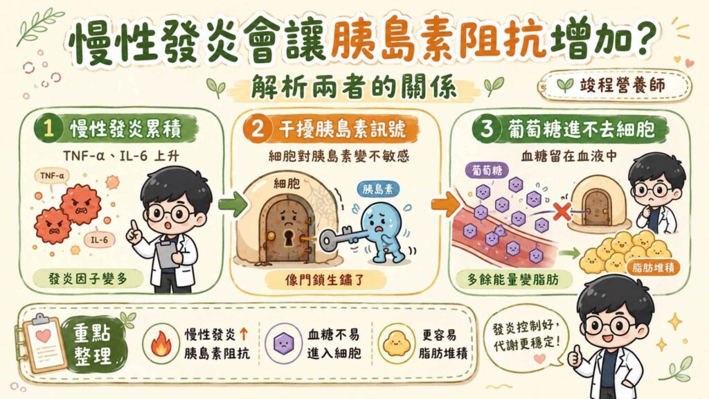 慢性發炎會讓胰島素阻抗增加？解析兩者的關係

當身體長期累積太多發炎因子（如 TNF-α、IL-6），這些發炎因子會干擾胰島素的訊號傳遞，細胞對胰島素的敏感度就會明顯下降，這也就是我們常說的「胰島素阻抗」。

你可以把「胰島素阻抗」想像成：細胞的門鎖生鏽了。當負責開門的胰島素無法順利解鎖，血液中的糖分就進不去細胞內被消耗，身體只好把這些無處可去的能量，全部轉化成脂肪囤積起來。

我曾輔導過幾個很會算熱量的個案，他們都會有一個共同點，就是卡在「只看熱量不看品質」的盲點。以為只要熱量沒超標就可以隨心所欲的吃餅乾和糕點，甚至用來取代整餐。