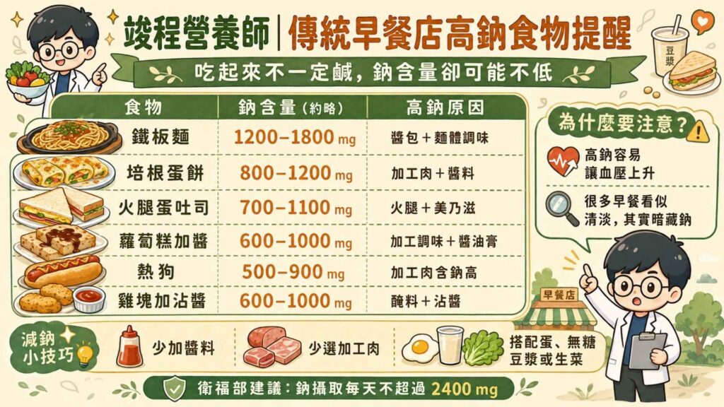 告別傳統雷區,高血壓早餐這樣配
傳統早餐店中有很多鈉含量較高的東西,例如鐵板麵、火腿、起司、燒餅、吐司等。通常加工程度越高的東西,鈉添加的量就會越高,所以可以多選擇原型食物或者加工程度較低的食物,例如蔬菜/玉米蛋餅、豆漿、里肌肉片(不是漢堡排那種加工肉排)。
如果學會看營養標示的話,選擇便利商店也是一種不錯的方式。你可以挑選一條地瓜,加上一瓶無糖豆漿和一顆蛋。這樣有優質蛋白質,又有穩定的膳食纖維,不僅飽足感撐夠,也比較不會增加心血管負擔。