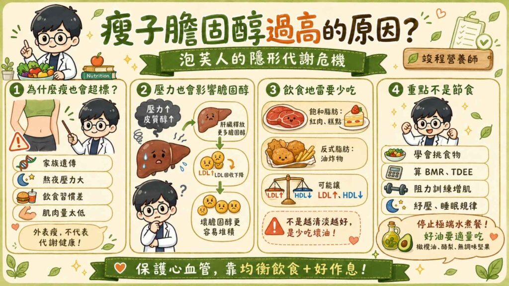 瘦子膽固醇過高的原因?泡芙人的隱形代謝危機
我很常聽到來諮詢的人跟我說:「營養師,我明明很瘦,為什麼膽固醇也會超標?」
瘦子膽固醇過高的原因,很多時候跟家族遺傳、長期熬夜壓力大、飲食習慣,或是肌肉量太低有關。壓力會使身體分泌過多皮質醇,除了促使肝臟釋放更多膽固醇,也會下降肝臟回收 LDL ,導致壞膽固醇在血液中堆積。對於這類型的人,需要的不是節食,而是學會選擇食物、 計算基礎代謝率與TDEE、透過阻力訓練增加肌肉量、舒緩壓力。
至於飲食中應減少飽和脂肪、反式脂肪的攝取,例如:紅肉、糕點、油炸物等。因為飽和脂肪會降低肝臟回收 LDL的能力。而反式脂肪會引發全身性發炎反應、增加LDL和降低HDL。
💡 營養師的實戰建議: 停止極端的水煮飲食!身體需要好油來製造荷爾蒙。請把重點放在「挑好油」,適度攝取特級初榨橄欖油、酪梨或無調味堅果,以及調整生活作息,這些才是保護心血管的關鍵。