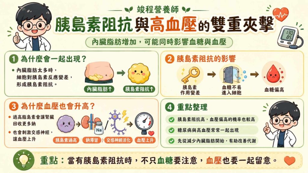 胰島素阻抗與高血壓的雙重夾擊
當我們累積了太多內臟脂肪,身體細胞對降血糖的荷爾蒙(胰島素)就會反應比較遲鈍,這就是我們常說的「胰島素阻抗」。在臨床上觀察到,當有胰島素阻抗比較高的時候,血壓也有高機率會比較高。
過高的胰島素會讓腎臟回收更多的鈉,也會刺激身體的交感神經,進而導致血壓上升。這也是為什麼,當我們有糖尿病的時候,也會有機率讓我們同時也有高血壓。