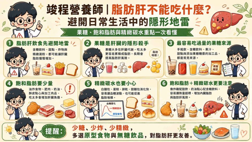 脂肪肝不能吃什麼？避開日常生活中的隱形地雷
我印象很深刻，前陣子有一位卡關很久的個案一臉無奈的跟我說，自己午餐和晚餐都只吃水煮便當，但為什麼還是沒有改善？仔細拆解他的飲食日記才發現，他每天都會因為飢餓嘴饞而都會去買一杯加料的含糖飲料（如珍珠奶茶）。

正因為餐點中缺乏油脂攝取，導致飽足感不夠，就想要去找一些小點心來吃。所以前面才會提到，不要採取戒油這種極端飲食。

許多人常誤以為只要不吃油膩食物，就可以大量吃麵包、蘇打餅乾等醣類，但這往往讓他們掉進高醣的陷阱裡。

果糖是肝臟的隱形殺手

我們常聽到『葡萄糖』可以供應全身細胞作為能量，但手搖飲、包裝飲品裡最常添加的『高果糖玉米糖漿』卻是完全不同的存在。

高果糖玉米糖漿是一種葡萄糖和果糖組合而成的糖漿。

果糖進入人體後，幾乎由肝臟進行代謝。而當大量果糖湧入，會啟動脂肪合成路徑，像是一台高速運轉的製油機，迅速將糖分轉化為脂肪，加速脂肪肝的形成。

飽和脂肪與精緻碳水化合物的加乘效應

除了甜食之外，精緻澱粉（如白吐司、菠蘿麵包、滷肉飯）搭配高飽和脂肪（如五花肉、酥皮、油炸物）的飲食組合，對於脂肪肝的影響更為重要。

當高濃度的游離脂肪酸，遇上因為高血糖而大量分泌的胰島素，兩者一拍即合，會加快脂肪往肝細胞裡塞，加速非酒精性脂肪肝的惡化。

因此，購買包裝食品時，養成看後方營養標示的習慣非常重要。凡是含有『高果糖玉米糖漿』、『果糖』或『飽和脂肪』比例過高的食品，要盡量減少購買頻率。
