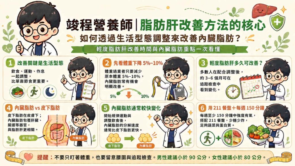 脂肪肝改善方法的核心,如何透過生活型態調整來改善內臟脂肪?
想要減少內臟脂肪堆積,關鍵在於『飲食』『運動』『生活作息』。
飲食方面不應該盲目的節食,而是應該要減少高糖、高油、高酒精的飲食方式,並確保每餐有足夠的蔬菜以及蛋白質的攝取。
而體重過重的人,建議可以開始減重。在臨床與實務的觀察中,發現只要能減少原本體重的 5% 到 10%,對於內臟脂肪就有明顯改善。
輕度脂肪肝多久可以改善?
蠻常在門診的時候有人問我:「營養師,輕度脂肪肝多久會好?」
這個答案其實沒有一定,因為個案差異、飲食習慣、生活作息等等因素都會影響到。實務上比較常看到的狀況是,只要願意配合調整日常作息、飲食習慣,大約 3 到 6 個月後的檢查中,就能看到改善。
內臟脂肪與皮下脂肪的差別
很多人常誤以為肚子捏起來肉肉的那層就是脂肪肝的元兇,但那其實是皮下脂肪(位於皮膚下方的脂肪)。
真正造成非酒精性脂肪肝的,是包覆在心臟、肝臟、腸道周圍的『內臟脂肪』。
不過好消息是,當我們開始調整生活作息和飲食習慣。內臟脂肪的分解與消除速度,比皮下脂肪還要快。
我蠻建議維持良好運動習慣,保持每週 150 分鐘的中強度有氧運動(如快走、游泳、騎單車),這對於減少內臟脂肪有正向的幫助。