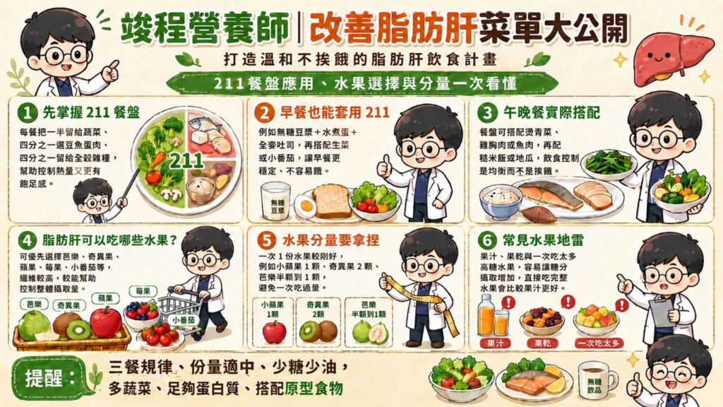 改善脂肪肝菜單大公開:打造溫和不挨餓的脂肪肝飲食計畫
一套真正能落實在生活裡的改善菜單,絕對不是要你天天過著水煮青菜的苦日子。這樣做往往撐不過幾天,最後更容易因為壓抑過久而報復性進食,造成惡性循環。
211餐盤的實際應用
我個人蠻推薦『211餐盤』,因為這個方式不僅好記,操作方式也蠻簡單。也是我在臨床上幫個案規劃相關飲食時常用到的方式。
每一次吃飯時,把你的餐盤或便當盒平分成四等份:
2 等份(佔 50%): 裝滿綠色蔬菜、菇類或海帶,補足膳食纖維。
1 等份(佔 25%): 留給優質蛋白質,例如豆腐、鮮魚、雞肉或雞蛋等。
1 等份(佔 25%): 則是未精緻的醣類,像是糙米飯、地瓜或南瓜。
這樣的比例能延緩血糖上升,減少三酸甘油酯過度合成,是一套蠻好上手的飲食方式。
脂肪肝可以吃什麼水果與分量拿捏
水果含有豐富的維生素、礦物質與植化素(植物中的天然抗氧化成分),但因為含有果糖,常常讓有脂肪肝的人完全不敢吃。但也不是說,水果營養價值豐富就可以肆無忌憚的吃,吃過量也會讓肝臟加速脂肪合成。
綠燈區(優選推薦,低 GI、高纖維): 芭樂、奇異果、蓮霧、藍莓等。這些水果對血糖波動相對較小。
紅燈區(需要控量,高糖分、易過量): 芒果、香蕉、荔枝、榴槤等。
我在諮詢的過程中,比較不會請個案完全戒除水果,而是會建議控制水果的攝取量,把水果每天控制在兩個拳頭大的份量即可。