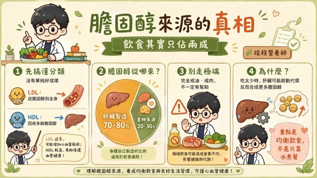 固醇來源的真相,飲食其實只佔兩成
在開始執行飲食計畫之前,有一件事情,你必須要先知道。就是膽固醇並沒有分好膽固醇與壞膽固醇,主要是區分成低密度膽固醇(LDL,大家俗稱壞的膽固醇)以及高密度膽固醇(HDL,大家俗稱好的膽固醇)。它們都各自有作用。
低密度膽固醇(LDL):負責將膽固醇從肝臟運送至全身細胞。
高密度膽固醇(HDL):負責回收血管中多餘的膽固醇。
而血液裡的膽固醇,大約有 70% 到 80% 是由「肝臟」製造出來的,只有20%到30%是從食物中來的。
所以當你為了降膽固醇而完全戒油、戒肉,身體會以為你遇到了飢荒。這時候,肝臟反而會啟動代償機制,瘋狂合成更多的膽固醇來維持身體基本運作。這就是為什麼水煮飲食,對降膽固醇沒有太多幫助。