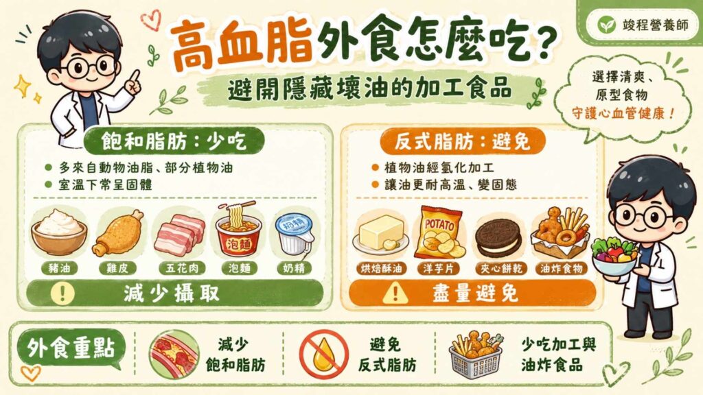 避開隱藏壞油的加工食品
減少攝取飽和脂肪和避免攝取反式脂肪。
飽和脂肪通常來自於:動物性油脂與部分的植物油,且室溫下通常會呈現固體狀。例如:豬油、雞皮、五花肉、泡麵、奶精等。
反式脂肪通常來自於:植物油經過「氫化」的加工製程,目的是為了讓液態植物油變成固態、耐高溫。例如:烘焙酥油、洋芋片、夾心餅乾、油炸食物。
