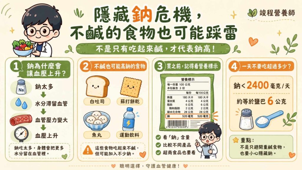 隱藏鈉危機,不鹹的食物也可能踩雷
鹽巴的化學名稱叫做:氯化鈉,只要我們攝取過多的「鈉」,就會造成我們的血壓上升。因為血管裡如果留了太多的「鈉」,身體為了稀釋它,就會把大量水分留在血管中。而水分一多,對血管壁的壓力就會變大,血壓就跟著飆高。
而市面有很多食物吃起來不鹹,但卻有加入不少的鹽巴。所以不是只有吃起來鹹的食物才會造成血壓上升。
但像是白吐司、蘇打餅乾、魚丸,甚至是運動飲料。這些食物吃起來完全不鹹,但裡面卻加了不少的鈉來增加口感與保存期限。
建議去超商購買食物的時候,可以翻到後面去看營養標示,因為法規有規定,包裝食品的營養標示必須將「鈉」含量標示出來。而衛服部建議國人每天的「鈉」攝取不要高於2400毫克,換算下來就是每天攝取鹽巴不要超過6公克。