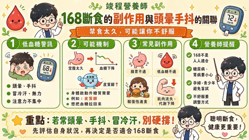 168斷食的副作用與頭暈手抖的關聯
曾有一位個案,在禁食時間出現頭暈手抖、狂冒冷汗的狀況。這有可能就是長時間沒有進食,而出現的低血糖症狀。
而當發生低血糖時,身體為了保命就會分泌讓血糖上升的賀爾蒙,例如:皮質醇(壓力賀爾蒙)。長期大量分泌皮質醇,不僅會讓你處於焦慮狀態,還會讓身體傾向分解肌肉及儲存脂肪。
168斷食常出現的副作用有:
腸胃道不適:長時間空腹缺乏食物中和胃酸,易引發胃部不適。
低血糖:禁食時間出現血糖過低會導致頭暈、手抖、無力及注意力不集中,並刺激壓力荷爾蒙(皮質醇)分泌。
報復性進食:因過度壓抑飢餓感,容易在進食的8小時出現代償性的大吃,進而陷入「節食→暴食→罪惡感」的惡性循環。
肌肉流失與代謝下降:若在進食期沒有攝取足夠的蛋白質與總熱量,身體會分解肌肉組織來供應能量,進而導致基礎代謝率下降。
營養師提醒:雖然168斷食的操作難度不高,但仍需評估自身狀況。特別是患有糖尿病、胃部疾病,或是孕婦、青少年等族群,更應避免盲目嘗試,以免對身體造成傷害。