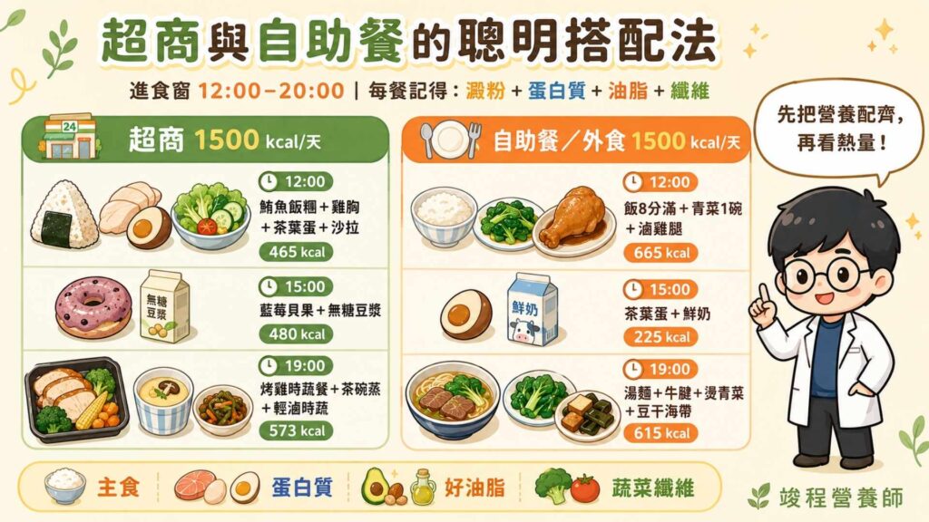 超商與自助餐的聰明搭配法
挑選飲食的核心原則就是,需要包含澱粉、蛋白質、油脂以及纖維。假設進食時間為中午12點~晚上20點,那這8小時我們可以選擇什麼呢?
超商可以這樣挑選:熱量1500大卡/天
中午12點:雙蔬鮪魚飯糰+桃木燻雞胸+茶葉蛋+一日野菜海藻沙拉(熱量465大卡)
下午15點:藍莓貝果+無加糖濃豆漿(熱量480大卡)
晚上19點:主廚烤雞時蔬餐+蔬食茶碗蒸+輕滷時蔬(熱量573大卡)
小吃店可以這樣挑選:熱量1500大卡/天
中午12點:飯八分滿+蔬菜1碗+滷大雞腿1隻(熱量665大卡)
下午15點:茶葉蛋1個+鮮奶1杯(熱量225大卡)
晚上19點:湯麵1碗+滷牛腱1份+燙青菜1份+豆干海帶1份(熱量615大卡)
