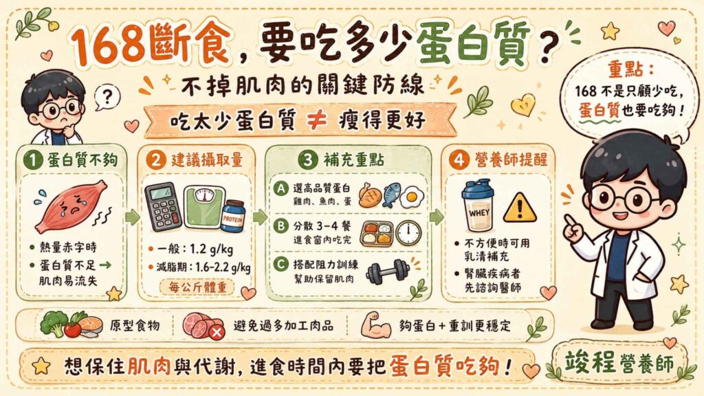 168斷食要吃多少蛋白質?不掉肌肉的關鍵防線
當我們處於熱量赤字的狀態時,如果蛋白質攝取不足,容易造成肌肉量流失過多,因此我們需要在進食時間內,攝取充足的蛋白質。但補充蛋白質仍有幾件事情是需要注意的。
一般沒有減肥的普通人,蛋白質攝取量約為每公斤體重1.2克。但如果是正在減肥的人,可以將蛋白質攝取量提升至每公斤體重1.6~2.2克。
但補充蛋白質仍有幾件事情是需要注意的:
選擇高品質的蛋白質來源:例如雞肉、魚肉等,避免過多香腸、培根等加工肉品。
分散蛋白質攝取:因人體每次能吸收的蛋白質有限,因此建議將每天的蛋白質分配3-4餐攝取完。
搭配阻力訓練:因斷食期間身體處於分解狀態,需透過肌力訓練(例如重訓)給予肌肉刺激,增加肌肉的保留。
營養師提醒:對於不方便取得高品質蛋白質的人,可以選擇方便攜帶的乳清蛋白進行補充。但高蛋白飲食並不適用於所有人,若本身有腎臟相關疾病,務必諮詢醫師確認目前身體狀況。