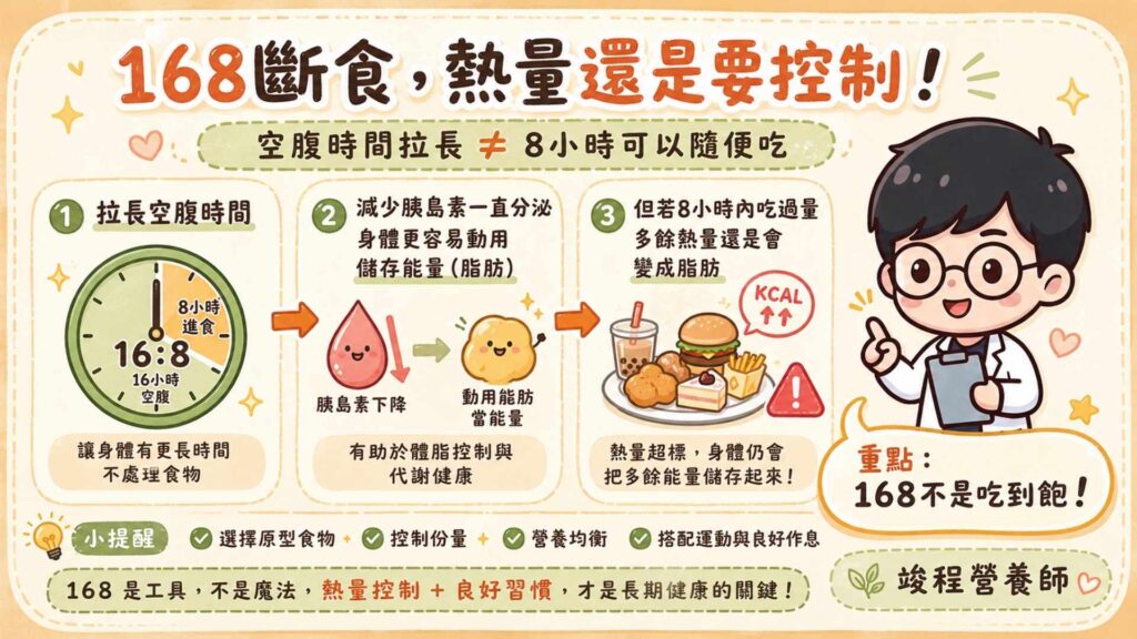 168 斷食的底層邏輯是什麼?熱量不需要限制嗎?
我在診間常遇到有人跟我說,我都16個小時不吃東西了,那我剩下的8小時就不需要再特別去控制飲食了吧!
答案是:「不行」。
因為168斷食主要是拉長空腹時間,避免胰島素一直分泌(促進儲存脂肪的賀爾蒙),而讓身體使用原本儲存的能量(例如脂肪)。但如果你在可以進食的8小時內,吃進去的熱量遠遠高於身體的需求,那身體還是會將多餘的熱量轉成脂肪儲存起來。