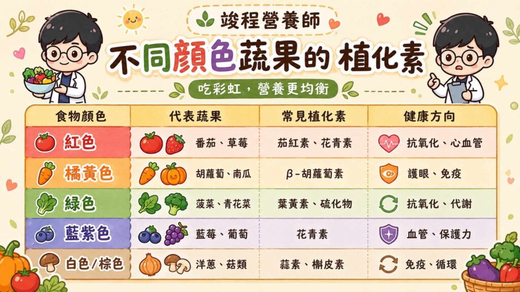 不同顏色的蔬果，通常含有不同種類的植化素，因此日常飲食中可以用「吃彩虹」的方式，增加營養多樣性。

紅色蔬果像是番茄、西瓜、草莓、紅甜椒，常見植化素包含茄紅素與花青素，有助於增加抗氧化來源。

橘黃色蔬果像是胡蘿蔔、南瓜、地瓜、芒果，富含類胡蘿蔔素、葉黃素與玉米黃素，是護眼與維持生理機能時常被提到的營養來源。

綠色蔬菜像是菠菜、青花菜、芥藍、地瓜葉，含有葉黃素、異硫氰酸酯與吲哚類等植化素，適合作為日常蔬菜攝取的基礎。

藍紫色蔬果像是藍莓、葡萄、茄子、紫高麗菜，常見植化素包含花青素、原花青素與白藜蘆醇，是多酚類營養的重要來源。

白色與棕色食物像是洋蔥、大蒜、白蘿蔔、菇類，也不是沒有營養，而是含有蒜素、槲皮素與有機硫化物等成分，能補足不同顏色蔬果的營養多樣性。