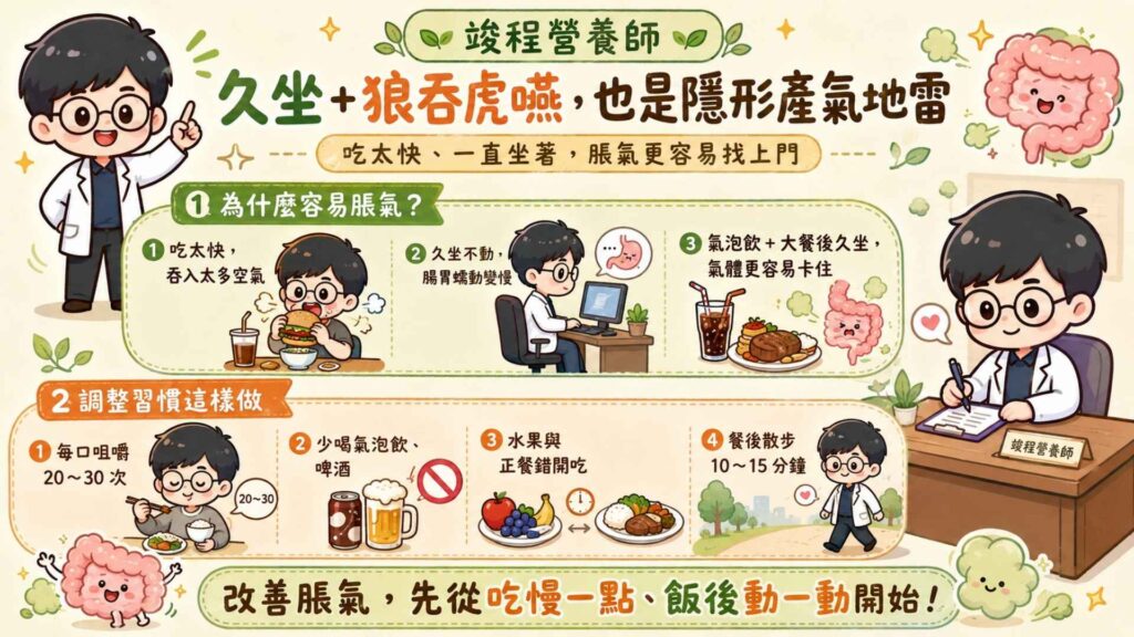 除了食物本身,吃飯的習慣也是導致脹氣的元兇之一。
很多人吃飯速度超快,十分鐘內就把便當扒光,容易造成吞進肚子的空氣過多。而吃完後又馬上坐在電腦前不動,導致腸胃蠕動變慢,氣體卡在腸子排不出去。
建議調整吃飯的習慣:
細嚼慢嚥不分心: 每口食物咀嚼20至30次。吃飯時避免聊天、看手機,專心用餐能防止大口吞嚥時帶入大量空氣。
戒除氣泡飲品: 碳酸飲料、氣泡水及啤酒含有大量二氧化碳,會直接在胃部積聚形成氣體。
水果與正餐隔開: 水果消化速度快,但與大魚大肉混在一起,容易被卡在胃裡無法點進入腸道,進而快速發酵。
餐後動一動:建議在餐後散步10到15分鐘,能有效刺激腸道,幫助體內氣體順暢排出。