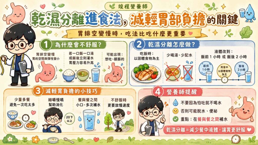 乾濕分離進食法，減輕胃部負擔的關鍵

當胃排空變慢，胃的空間跟彈性都變小。如果這時候還跟以前一樣，一口飯菜配一口湯，或是飯後馬上灌一大杯水，胃部壓力瞬間飆高，就會引發想吐的感覺。

想要減輕這種不適感，就要採取「乾濕分離」的飲食方式。吃飯時只吃固體食物，減少湯或水的攝取，將液體挪到「飯前一小時」或「飯後兩小時」再喝。

而飲食建議採取少量多餐，避免一次進食過多食物。且每次進食需要細嚼慢嚥，幫助腸胃來消化食物。

營養師提醒：不要因為怕吐而不敢喝水，否則容易出現脫水或便祕等狀況。養成在餐與餐之間「小口、多次」的補充水分。