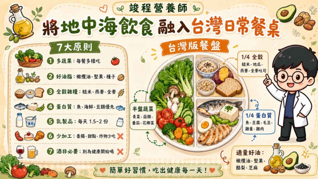 地中海飲食七大原則：

多吃新鮮蔬果：每餐攝取大量且多樣化的蔬菜水果。

攝取優質油脂：改用橄欖油作為主要烹調用油，並適量攝取堅果和種子。

主食選用未精製全穀物：以糙米、燕麥、蕎麥或全麥麵包取代精緻白米與白麵包。

蛋白質優先選魚、海鮮、豆類：選擇魚類、海鮮、豆類、雞蛋、禽肉作為主要蛋白質來源。

適量乳製品：每天攝取 1.5 到 2 份的乳製品。

少吃加工食品、甜食、加工肉品：減少攝取香腸、培根、火腿、甜點、餅乾、含糖飲料、油炸食品。

酒不是必要條件：不鼓勵為健康而開始飲酒，若有飲酒習慣，可隨餐適量飲用紅酒（女性每日不超過 120 毫升，男性不超過 240 毫升）。

台灣版簡單餐盤可以這樣抓：

半盤蔬菜：燙青菜、菇類、番茄、彩椒、花椰菜、葉菜類。

四分之一全穀澱粉：糙米飯、地瓜、燕麥、全麥吐司、五穀飯。

四分之一蛋白質：魚、豆腐、毛豆、雞肉、蛋、海鮮。

適量油脂：橄欖油、堅果、酪梨、芝麻。