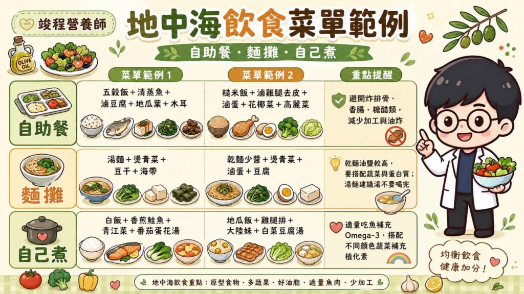 地中海飲食可以吃什麼？一餐調整菜單範例

你如果不知道要怎麼樣選擇及搭配食物，不妨來參考這份簡易版菜單。

自助餐：五穀飯+清蒸魚+滷豆腐+地瓜葉+木耳
自助餐：糙米飯+滷雞腿去皮+滷蛋+花椰菜+高麗菜
搭配重點—避開炸排骨、香腸、糖醋類，減少加工與油炸食品。

麵攤：湯麵+燙青菜+豆干+海帶
麵攤：乾麵少醬+燙青菜+滷蛋+豆腐
搭配原則—通常乾麵的油與鹽較高，需搭配蔬菜與蛋白質。而湯麵建議湯不要喝完。

自己煮：白飯+香煎鮭魚+青江菜+蕃茄蛋花湯
自己煮：地瓜飯+雞腿排+大陸妹+白菜豆腐湯
搭配重點—適量攝取魚類，補充Omega-3。且搭配不同顏色蔬菜來補充植化素。