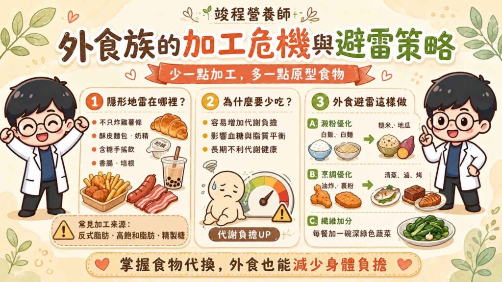 外食族的加工危機與避雷策略

很多來諮詢的個案問我：「所謂的高負擔食物，是不是只有炸雞薯條這種油炸物？」事實上，真正的隱形地雷往往藏在你看不到的地方。

市售商品中，有很多都含有「氫化植物油（反式脂肪來源）」「高飽和脂肪」與「高果糖糖漿（精製糖）」的加工食品。像是市售酥皮麵包、奶精、含糖手搖飲，以及香腸、培根等加工肉品，都會增加代謝上的風險。

所以當我們面對外食的時候，，只要掌握「食物代換」的技巧，就能減少身體負擔：

澱粉優化： 盡量將精緻白麵條、白飯，替換為糙米、地瓜等原型澱粉，維持血糖穩定。

優化烹調方式： 選擇清蒸、滷、烤的肉品，減少選擇油炸或裹粉烹調。

增加天然纖維： 每餐搭配一碗深綠色蔬菜，幫助代謝平衡。