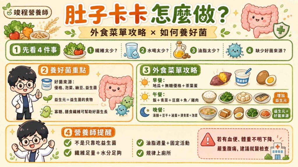 肚子卡卡怎麼做?外食菜單攻略以及如何養好菌
覺得肚子卡卡的,可以先看這幾個部分。纖維是不是吃太少?水是不是喝太少?油脂攝取是不是太少?是不是缺少好菌來源?
前面有提到纖維比例、水分與油脂的攝取對於腸胃道的重要性。那這邊就要來說「養好菌」這件事情。
平常我們補充好菌的來源可以從發酵食物來(例如:優格、泡菜、納豆)或者是補充市售的益生菌。但我們除了補充益生菌之外,我們還要打造一個讓益生菌可以比較好生存的空間。所以也要多攝取所謂的「益生元」。
益生元可以簡單理解為「益生菌的食物」。是人體無法消化吸收的碳水化合物(主要是寡糖和膳食纖維),而腸道內的益生菌可以發酵利用,進而促進好菌的生長與活性。
外食早餐:地瓜+無糖優格+茶葉蛋(好菌來源)
外食午餐:飯+青菜+豆腐+魚/雞肉(增加益生元)
外食晚餐:湯麵+豆干+滷蛋+燙青菜+泡菜(增加益生元與好菌來源)
營養師提醒:肚子卡卡不是只靠吃益生菌。而是纖維足量+水分足夠+油脂適量+每天固定活動+規律上廁所。但如果有血便、體重不明原因下降、嚴重腹痛等腸胃道問題建議就醫檢查。