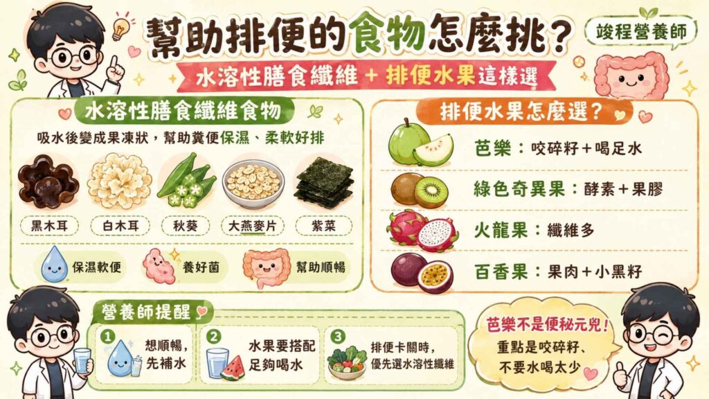 什麼食物可以軟化糞便？木耳、燕麥的神奇力量

水溶性膳食纖維接觸到水後，會變成濃稠的果凍狀。這不僅能幫大便保濕、還能讓大便變得柔軟好排，而同時也是腸道益生菌最愛吃的食物（益生元），能幫忙把好菌留在肚子裡。

在我們平常的飲食中，最容易得到的水溶性纖維就是：黑木耳、白木耳、秋葵、傳統大燕麥片與紫菜。

便秘吃什麼水果才對？芭樂和奇異果的順暢選擇法

很多個案常問我：「便秘吃什麼水果比較好？聽說吃芭樂會便秘？」 
這我真的需要芭樂澄清！主要是因為很多人吃芭樂時，會把中間的籽整塊吞下去，然後又沒有喝夠水，導致籽卡住，這當然排不出來。

如果你單純吃芭樂肉，或者仔細咬碎籽並有喝足夠的水，芭樂其實有豐富的膳食纖維，根本就是便秘的神隊友。

營養學上發現，綠色奇異果獨有的蛋白酶，能加速胃部蛋白質的分解，縮短食物在胃部排空的時間，減少因消化不良引起的脹氣。而它的果膠能吸收水分、軟化糞便，讓排便過程更順暢、不費力。

營養師提醒： 想要排便順暢，水果優先選擇「綠色奇異果」（含豐富奇異果酵素與水溶性纖維），還有「火龍果」與「百香果」（裡面的小黑籽屬於粗纖維而果肉則是水溶性纖維）。