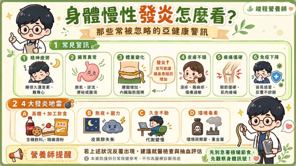 身體慢性發炎怎麼看？那些常被忽略的亞健康警訊

減肥卡關時，請先停下極端節食的腳步。先觀察幾個小細節

精神無法集中與疲勞：即使睡滿7到8小時，起床依然精疲力竭。或白天精神不濟、記憶力減退。

腸胃與消化異常：經常性脹氣、胃食道逆流、便秘或腹瀉。

體重異常：發炎會容易產生胰島素阻抗，導致腰圍過粗、內臟脂肪囤積。

皮膚狀況不穩定：經常出現不明原因的濕疹、蕁麻疹、皮膚泛紅發癢，或是過敏症狀加劇。

關節與肌肉痠痛：並非運動或劇烈勞動造成，卻經常感到關節僵硬、肌肉痠痛。

免疫力下降：稍微變天就容易感冒、鼻塞，或是反覆出現泌尿道感染等問題。

營養師提醒：若您有以上症狀，建議優先前往醫療院所進行抽血檢測或專業診斷。本資訊僅供日常保健參考，不作為醫療診斷用途。

容易導致發炎的 4 大地雷：

高糖與加工飲食：攝取過多含糖飲料與精緻澱粉，會造成血糖劇烈波動並造成身體代謝負擔。

長期熬夜與壓力：睡眠不足與心理壓力會導致壓力荷爾蒙（皮質醇）失衡。

久坐不動：缺乏運動會讓身體代謝遲緩。有研究指出久坐容易使發炎指數上升。

環境毒素：過度暴露於環境荷爾蒙與重金屬中，會加重身體代謝負擔。
