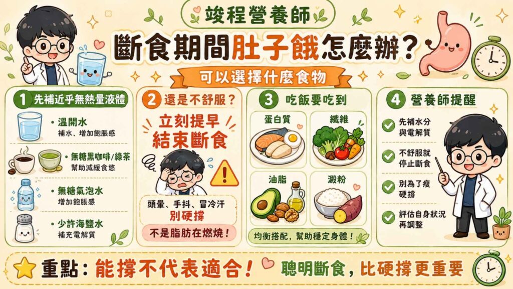 斷食期間肚子餓怎麼辦?可以選擇什麼食物
可以透過補充「接近無熱量的液體」來減緩飢餓。
溫開水:補充水分可以增加胃部擴張。
無糖黑咖啡、綠茶:咖啡因能減緩食慾,綠茶中的兒茶素也能幫助穩定血糖。
無糖氣泡水:氣泡能增加胃部飽脹感。
攝取微量海鹽:在水中加入少許海鹽,補充流失的電解質。
如果補充後還是很不舒服,就立刻提早結束斷食,去吃東西。不要誤以為頭暈手抖是「脂肪正在燃燒」的現象,咬牙硬撐過去就會瘦,這樣很危險!
而吃飯時需要注意是否有攝取到充足的蛋白質、纖維、油脂以及澱粉。