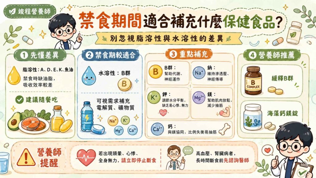 禁食期間適合補充什麼保健食品?別忽視脂溶性與水溶性的差異
我們在補充保健食品的時候,需要考慮補充的成分是屬於「脂溶性」還是「水溶性」,因為禁食期間缺乏油脂來幫助脂溶性營養素(例如維生素A、D、E、K、魚油等)吸收,導致吸收效率會大打折扣。。
斷食期間建議選擇水溶性維生素(如B群)來幫助代謝並可視需求來補充電解質與礦物質。
B群:扮演身體代謝的輔酶、協助神經系統正常運作。
鈉:確保細胞外液的滲透壓平衡,維持肌肉與神經細胞的正常傳遞。
鉀:與鈉互相拮抗,負責調控細胞內的水分平衡。缺鉀容易發生心悸與肌肉無力等。
鎂:調節肌肉的收縮與放鬆,緩解斷食期間的肌肉抽筋。
鈣:與鎂有協同作用,兩者比例失衡會導致肌肉強直,引發肌肉抽筋。
營養師嚴選推薦:『緩釋B群』、『海藻鈣鎂錠』
營養師提醒:斷食期間出現嚴重的頭暈、心悸、全身無力,可能代表電解質可能已嚴重失衡,請立即停止斷食。若患有高血壓、腎臟病等,進行長時間斷食前,請務必先諮詢專業醫師。